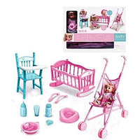 Pampam Toys  Baby Doll Furniture Set with Stroller, High Chair, Cradle and Accessories, Pink and Blue