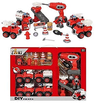 Construction DIY with Working Drill Machine Pretend Play Toy Trucks Play Set Building Vehicles Set for Kids, Boys and Girls (DIY with Working Drill)(Red)