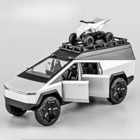 Pampam Toys Tesla Camping Pickup Die-cast Car, 1:24 Scale, with Motorcycle, Pull Back Function, Light and Music, Silver