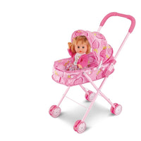 Doll Stroller with Baby Doll, Pink, Foldable Toy Pram with Canopy, Pretend Play Set