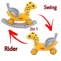 PamPam 3-in-1 Dinosaur Rocking Horse, Baby Ride-on Toy with Safety Handle, Indoor Outdoor Rocker for Ages 1-5 Years, Yellow