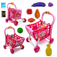 3 in 1 Kids Supermarket Shopping Cart Hand Induction with Light & Sound Pretend Play Toy for Kid with Fruits & Vegetables, Pink (Doll not Included)