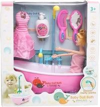 Baby Doll Bath Set with Working Shower, Pink Bathtub Playset with Doll, Dress, Comb, Mirror and Shampoo, for Ages 3+