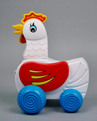 Pampam Toys Pull-Along Chicken Toy, White and Red, Rolling Wheels with Pull String