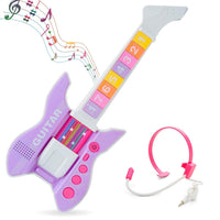 Pampam Toys Kids Electronic Guitar with Headphones, Musical Instrument with Sensor Strings, 8 Rhythms, 3 Tones, Demo Music, Purple and Pink, 19.5cm