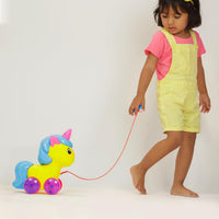 Pampam Toys Unicorn Pull Along Toy, Yellow with Blue Mane, Ages 1-5 Years