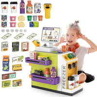 46-Piece Pretend Play Cash Register Toy Set with Water Outlet | Electronic Calculator, Scanner, Credit Cards, Shopping Bag, Coffee Machine & Play Food
