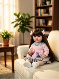 Lifelike Toddler Girl Doll with Long Brown Hair and Pink Knit Dress