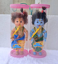 Pampam Decorative Krishna Doll, Traditional Indian Design with Peacock Feather, Blue and Gold Outfit (White)