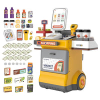 Cash Register Playset for Kids,48PCS Kids Store Supermarket Playset Pretend Play Cash Register Toy with Scanner, Grocery Game Food Set and Play Food (Yellow)