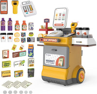 Pampam Toys Children's Cash Register Trolley, Supermarket Cash Register Toy with Calculator, Scanner, Play Money and Shop Accessories, Role Play Shopping Shop, Children's Gift for Boys Girls