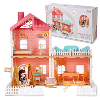 DIY Princess Dollhouse Kit- Includes Doll House with Chimney Mist Accessories and Furniture- Pretend Play Building Toys with Doll and Lights- 3 Rooms-132 Pcs