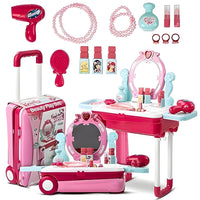 Beauty Makeup Kit for Doll Girls Cosmetic Set 2 in 1 Vanity Table Portable Trolley Pretend Play Set Toy with Make up Accessories for Kids Plastic