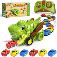 Pampam Toys Remote Control Dino Monster Truck | 2.4GHz RC Dinosaur Capture Truck with 6 Mini Cars, Music, 2 Speed Modes & Interactive Vehicle Catching Game | Rechargeable Toy for Kids Age 4-12