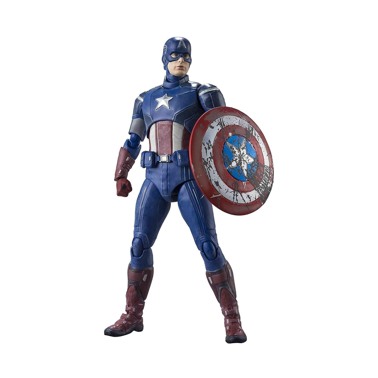 Detailed Captain America action figure with shield and worn look