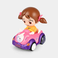 Cute Cartoon Girl Luck Car Toy with 3D Disco LED Lights & Music – Interactive Battery Operated Bump & Go Toy Vehicle for Toddlers