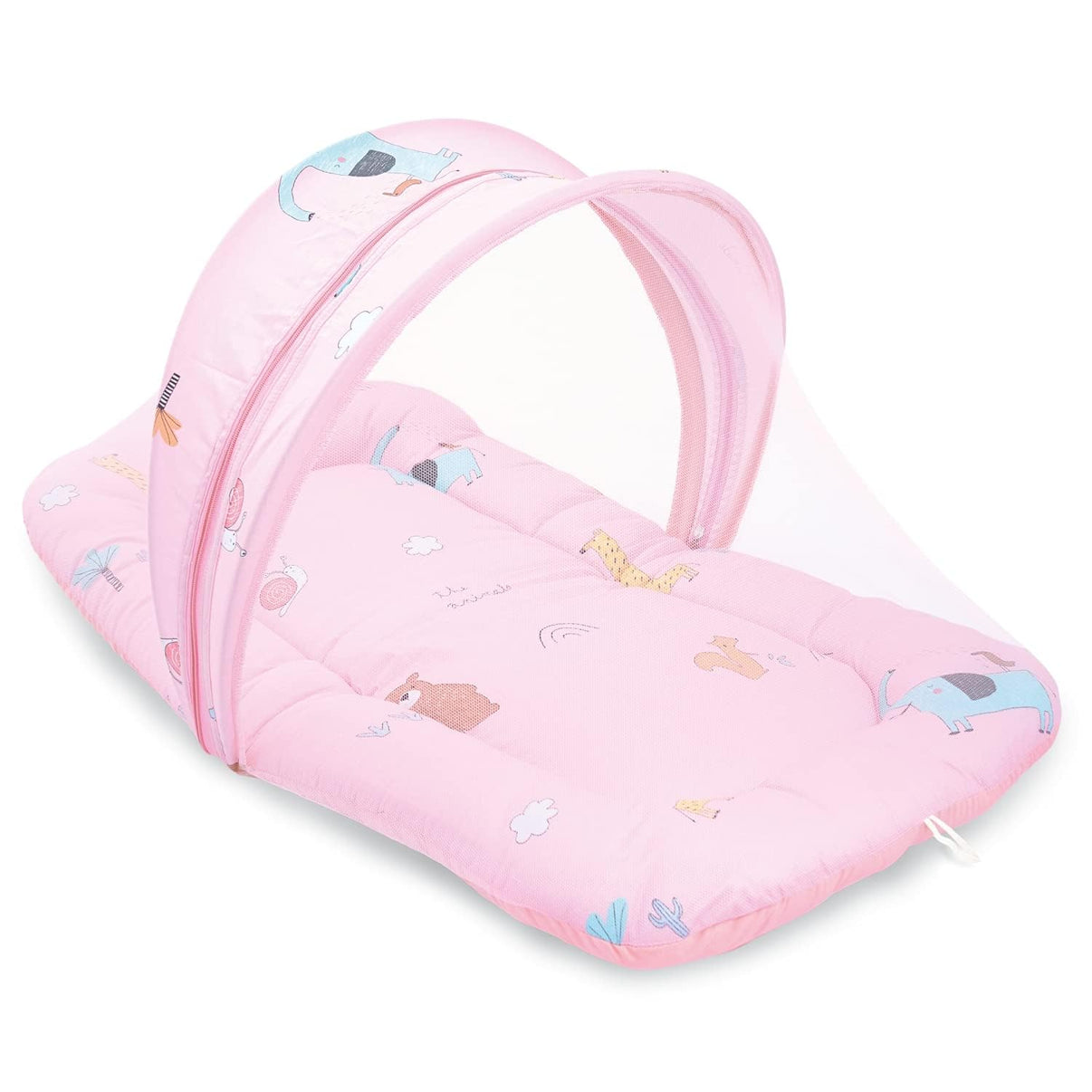 A pink PamPam Baby Sleeping Bedding Set, designed for 0-12 months, featuring a portable nest with a zippered mosquito net. The background includes cotton plant imagery, and graphical icons highlight features: "0 to 12 MONTHS," "100% NATURAL PRODUCT PREMIUM QUALITY NATURAL COTTON," and "FOR COSY & CUDDLY SLEEP" with a baby sleeping on a cloud.