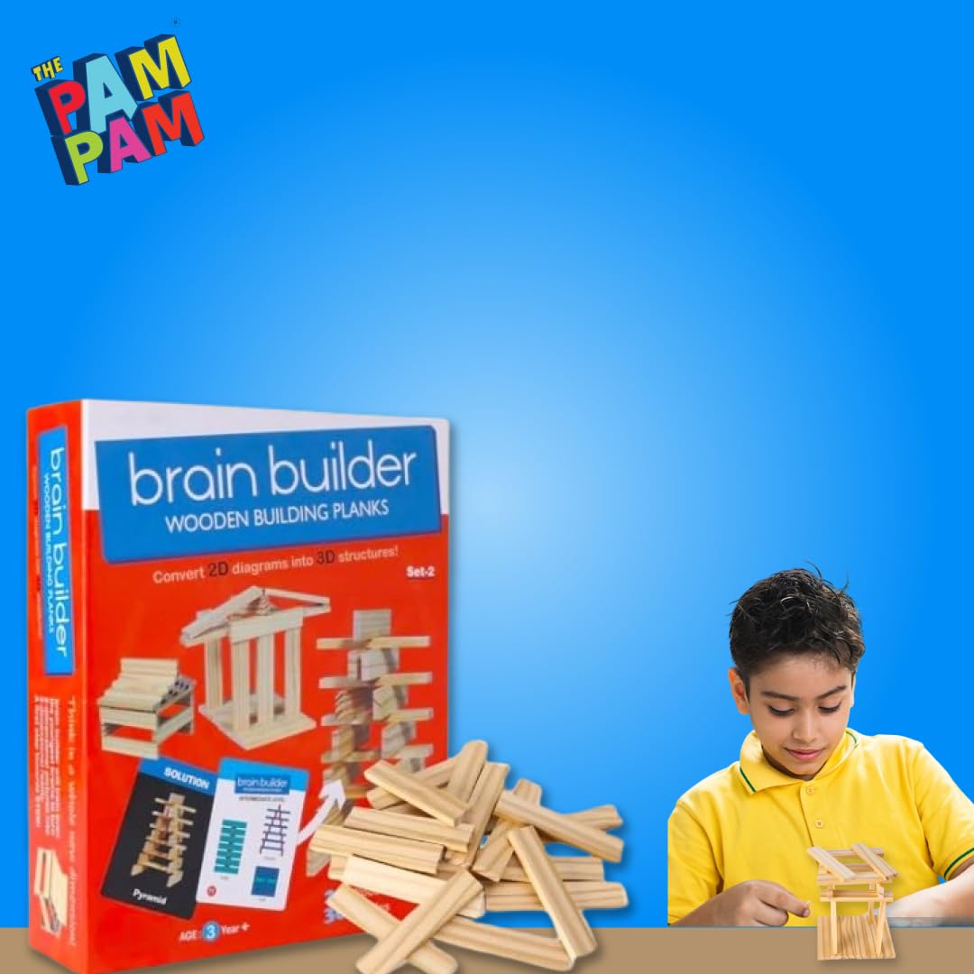 A product image for "Brain Builder Wooden Building Planks" showing the red box with examples of 3D structures and a pile of wooden planks, alongside an insert that details the product features and benefits, all on a blue background with "THE PAM PAM" logo.
