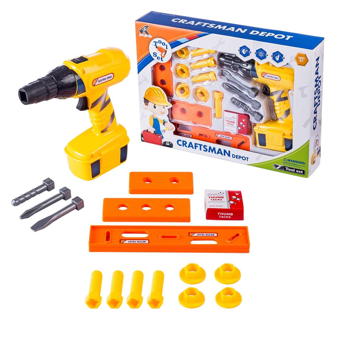  A close-up shot of the bright yellow battery compartment of a toy electric drill. A small screw and an arrow indicating how to open the compartment are visible on the left side.