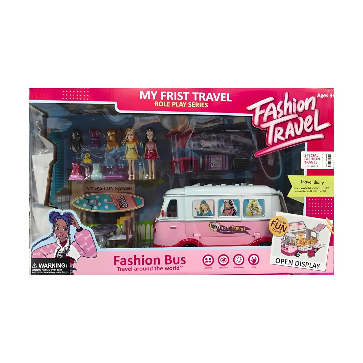 A smiling young girl with blonde hair is lying on her stomach, looking at a pink and white toy bus. Spread around the bus are a small doll in a yellow dress, a helicopter toy, a pink beach chair, a small table with an umbrella, and other small accessories. The background is a soft pink and white.
