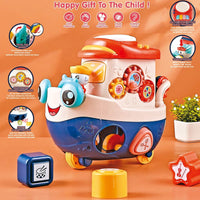 Interactive Musical Activity Boat Toy for Toddlers – 5-in-1 Early Learning Education Center with Shape Sorter, Spinning Gears, Piano Keys, and Rolling Wheels for Babies & Infants