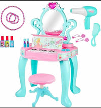 2-in-1 Kids Vanity Dressing Table and Electronic Piano Playset – Princess Makeup Vanity with Mirror, Stool, Toy Hair Dryer, Musical Keyboard, and Beauty Accessories for Toddlers and Girls (Pink/Teal)