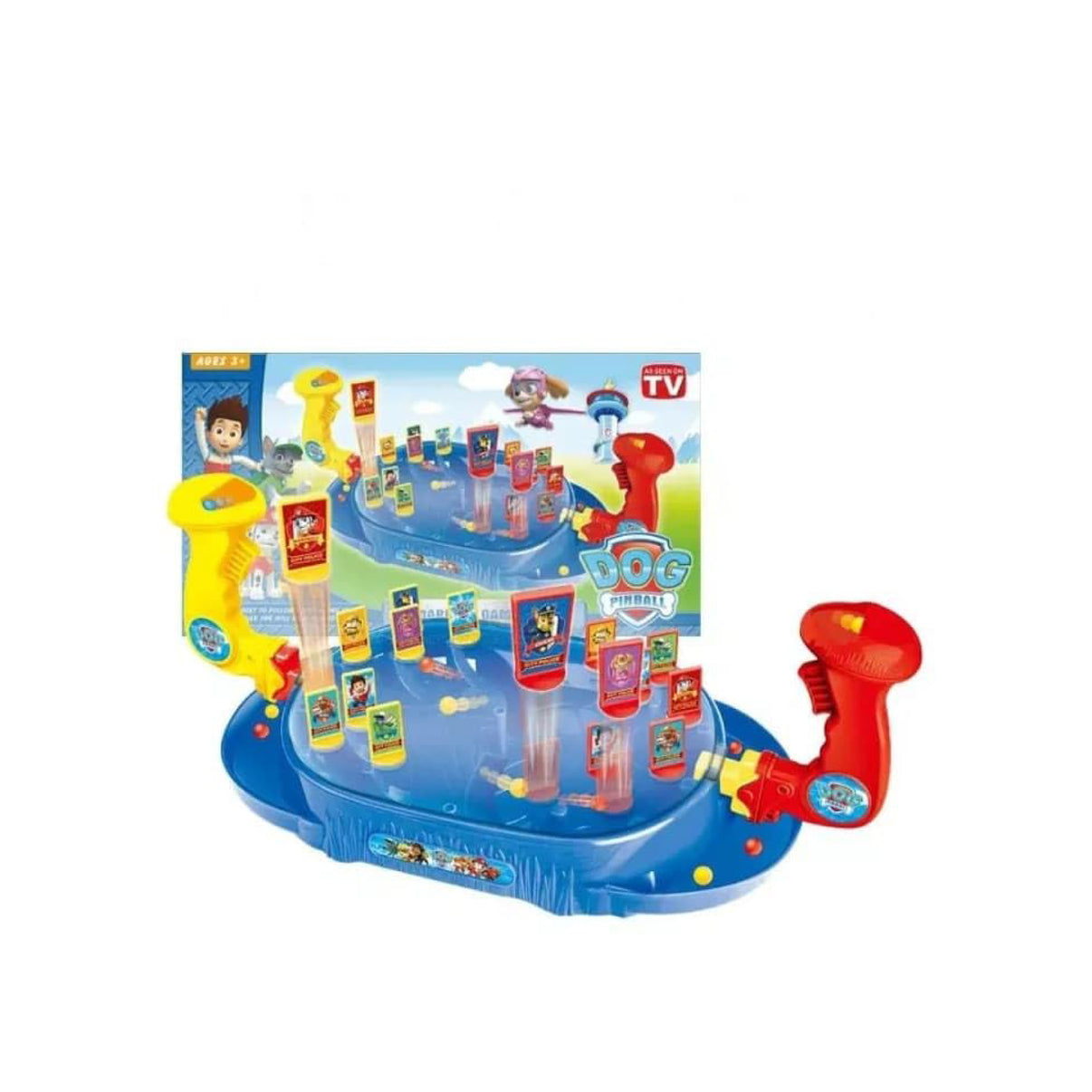PAW Patrol Pinball Game in full packaging with two-player setup and colorful tiles