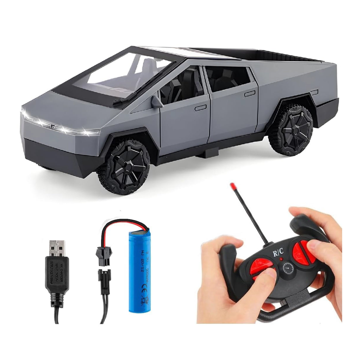 PamPam Cybertruck RC Car with controller, USB charger and battery – grey electric truck for kids