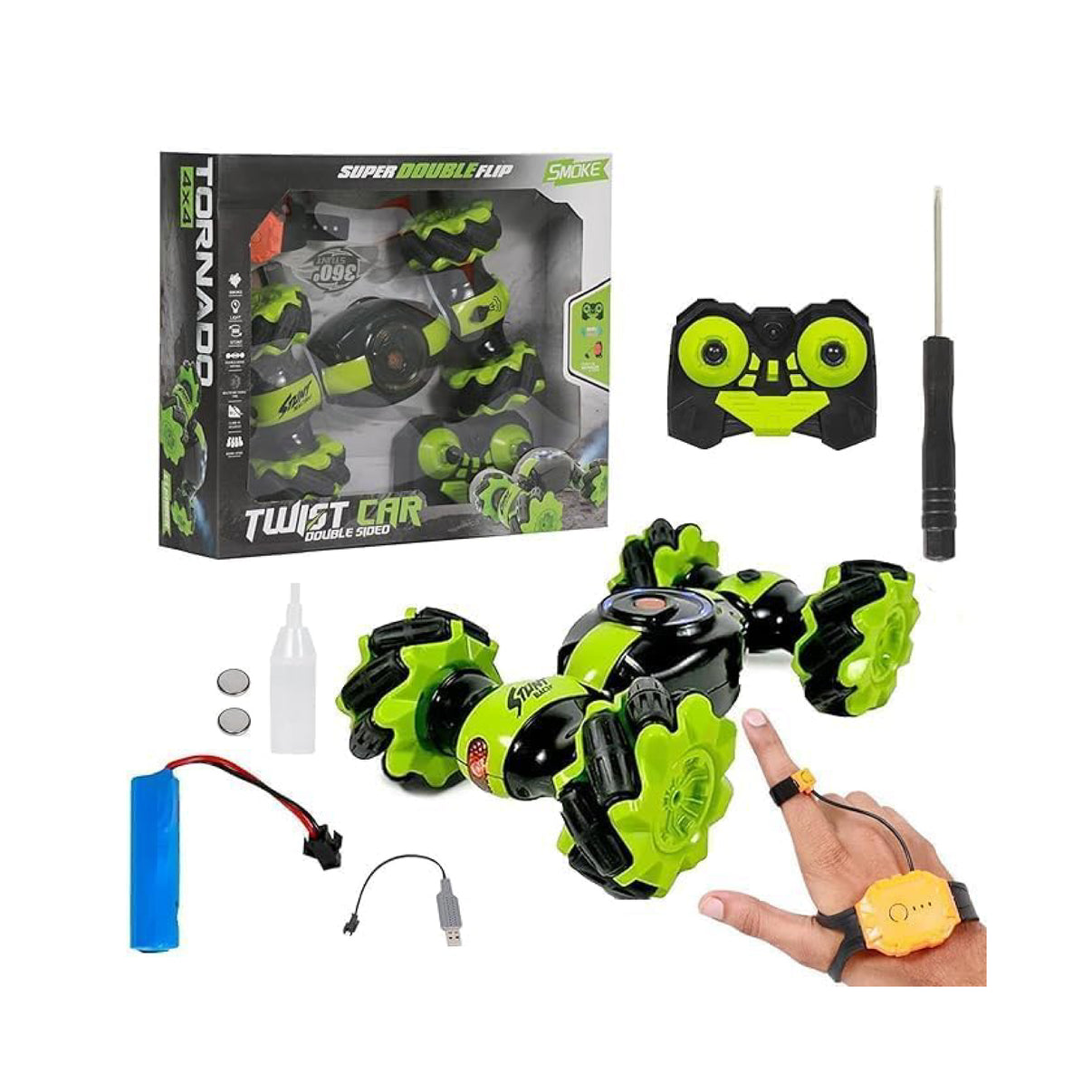 PamPam Gesture Control RC Stunt Car in black and green with packaging and accessories