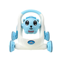 Front view of PamPam Blue Bear Baby Walker with wheels and handle