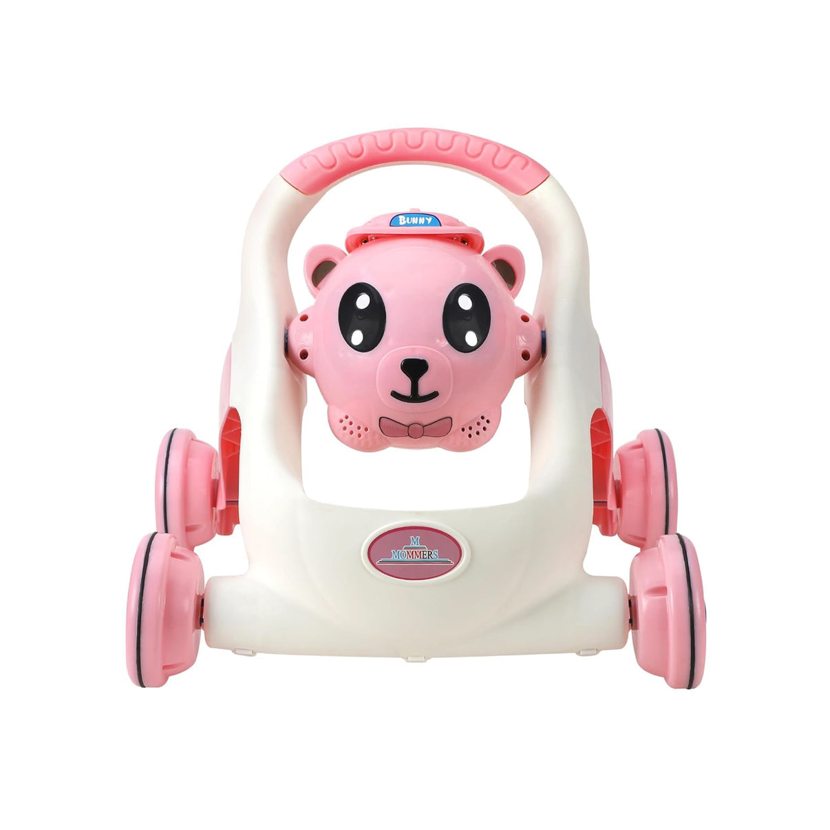 Front image of PamPam Pink Bear Walker featuring cute animal face and wide wheels