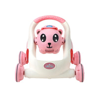 Front image of PamPam Pink Bear Walker featuring cute animal face and wide wheels