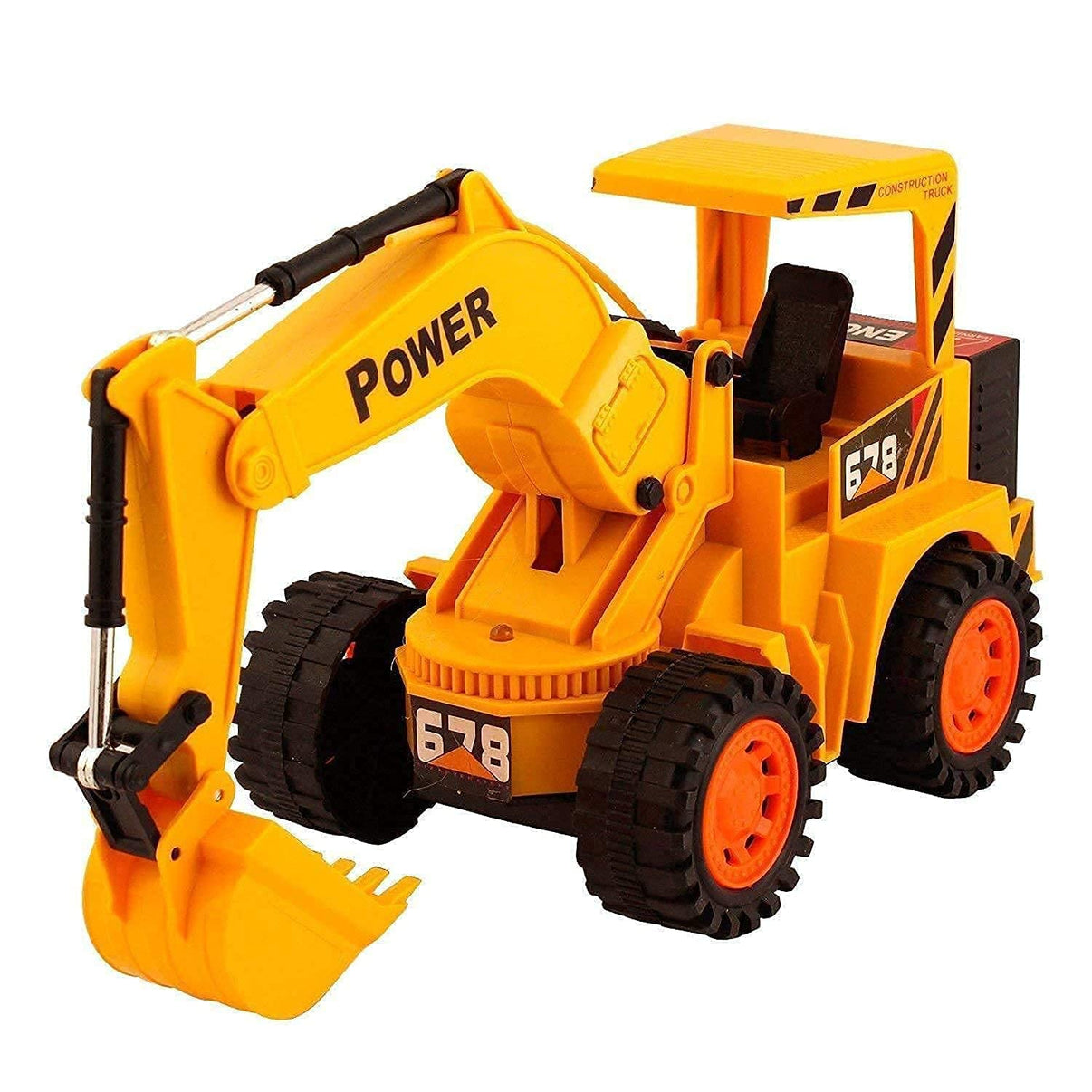  A bright yellow remote control excavator toy is shown with its yellow remote, a black wall charger, and four AA batteries. The excavator has "POWER" written on its arm and "678" on its side.