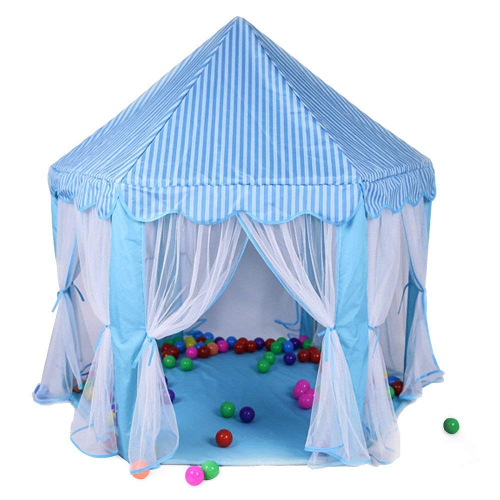 A blue hexagonal play tent with a conical roof and sheer white and pink curtains is shown with its front entrance open, revealing a floor covered with numerous colorful plastic balls in shades of red, blue, green, and yellow, with some scattered outside the tent.