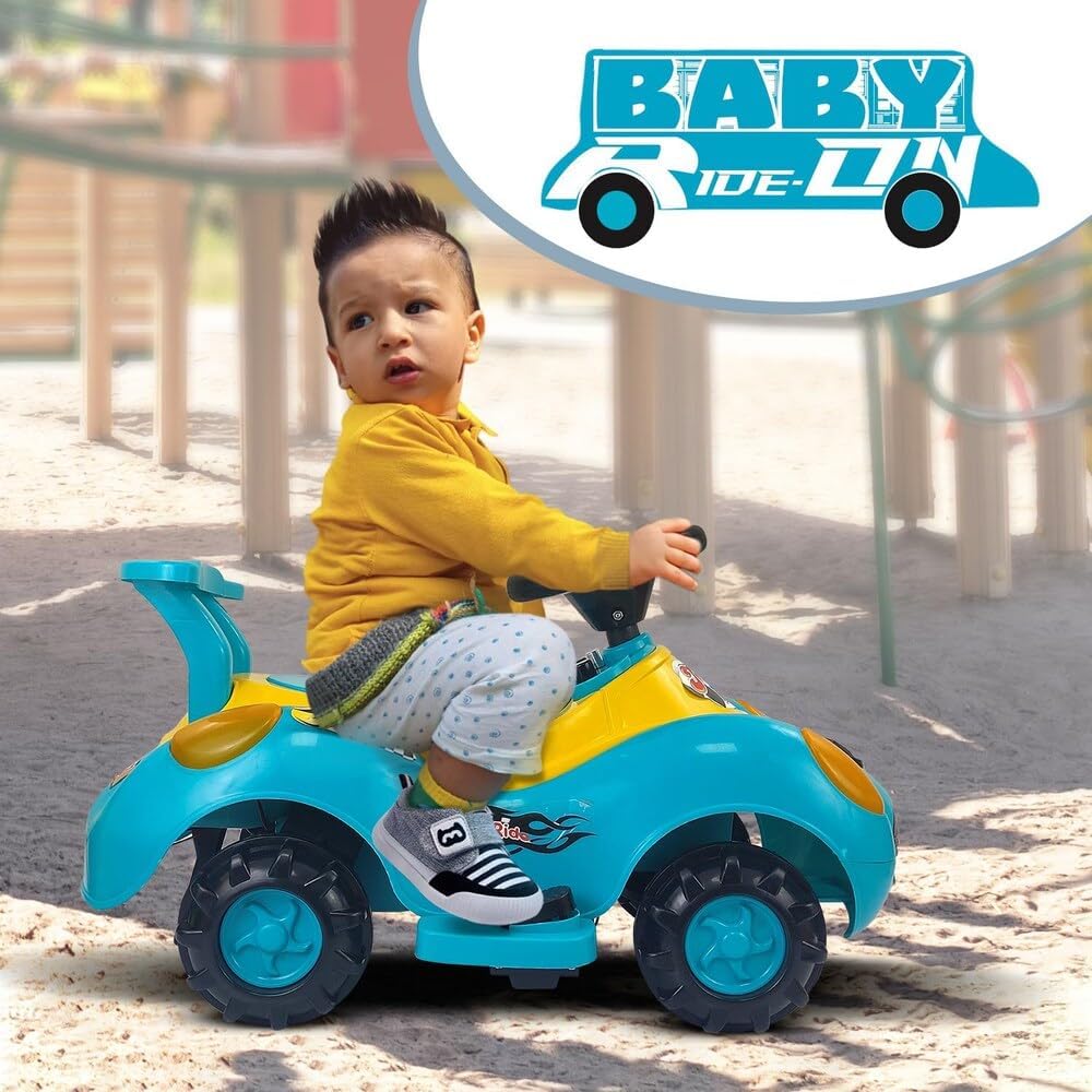 A bright blue and yellow PamPam Kids Electric Ride-on Car with a black steering wheel and red headlights. Musical notes are depicted floating above the car. Included alongside the car are a grey rectangular battery, a black power adapter, and a separate yellow and blue control panel.