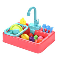  A collage of four identical toy kitchen sink sets, each featuring a basin with a working faucet, a dish rack, and toy fruits, vegetables, and dishes. The sets are presented in different color combinations: dark blue with orange faucet, yellow with blue faucet, red with blue faucet, and blue with orange faucet.
