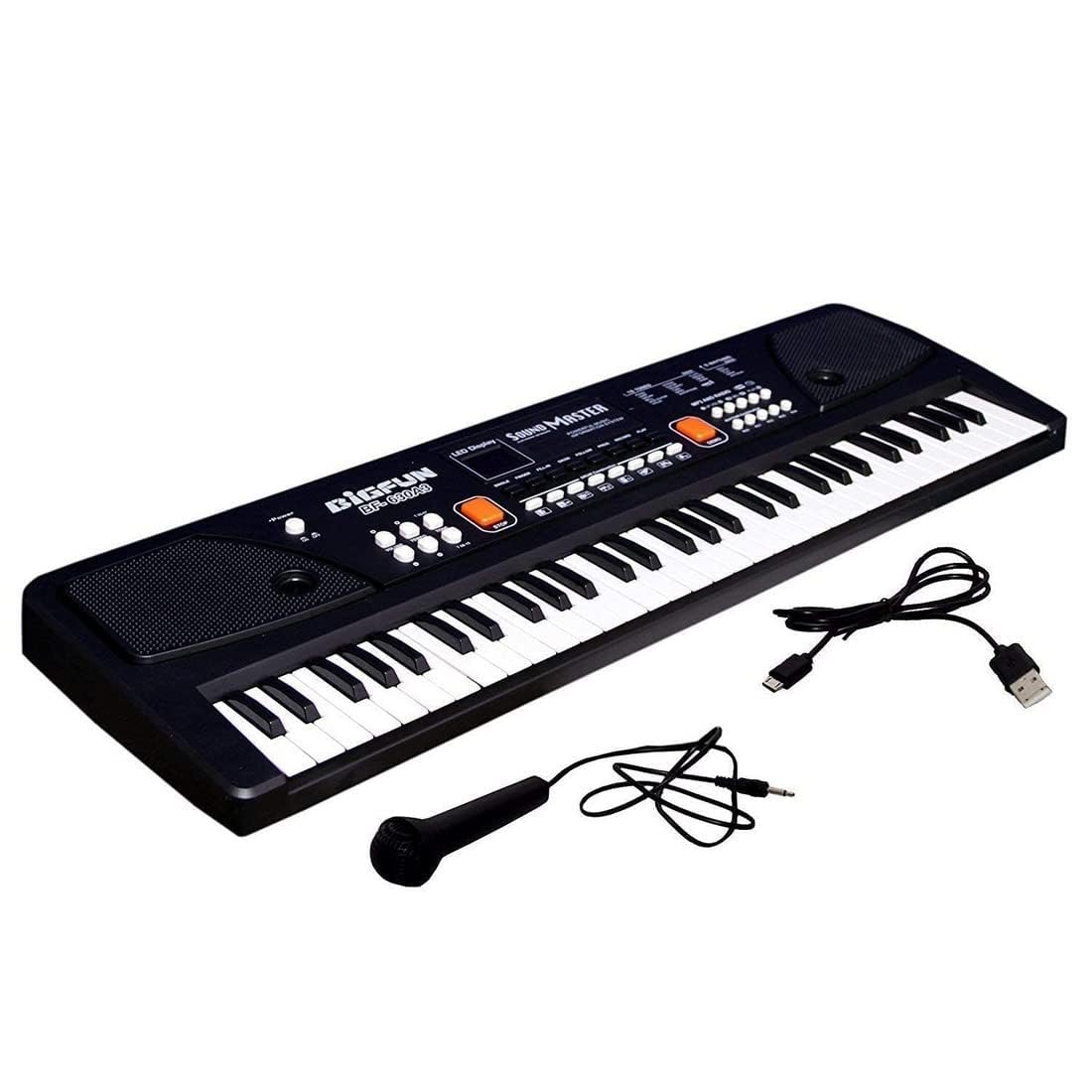 A black toy electronic keyboard is displayed with a microphone and USB cable. Text and arrows point to the left speaker as the "Working Speaker" and the right one as a "Speaker show window," clarifying that only one speaker is functional.