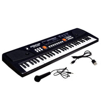 A black toy electronic keyboard is displayed with a microphone and USB cable. Text and arrows point to the left speaker as the "Working Speaker" and the right one as a "Speaker show window," clarifying that only one speaker is functional.