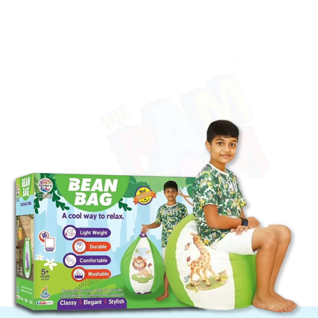  A boy sits on a green and white bean bag chair with a giraffe print. Next to him is a product box for "BEAN BAG" that shows a different bean bag with a lion print, and a list of features: "Light Weight," "Durable," "Comfortable