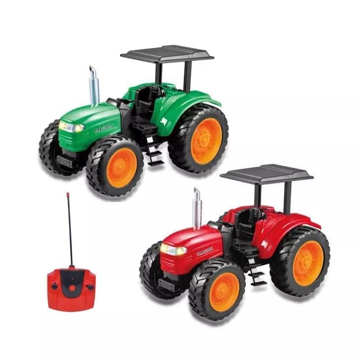  Two toy tractors, one green and one red, both with black roofs, black tires, and orange wheels, are displayed alongside a red remote control, on a white background.