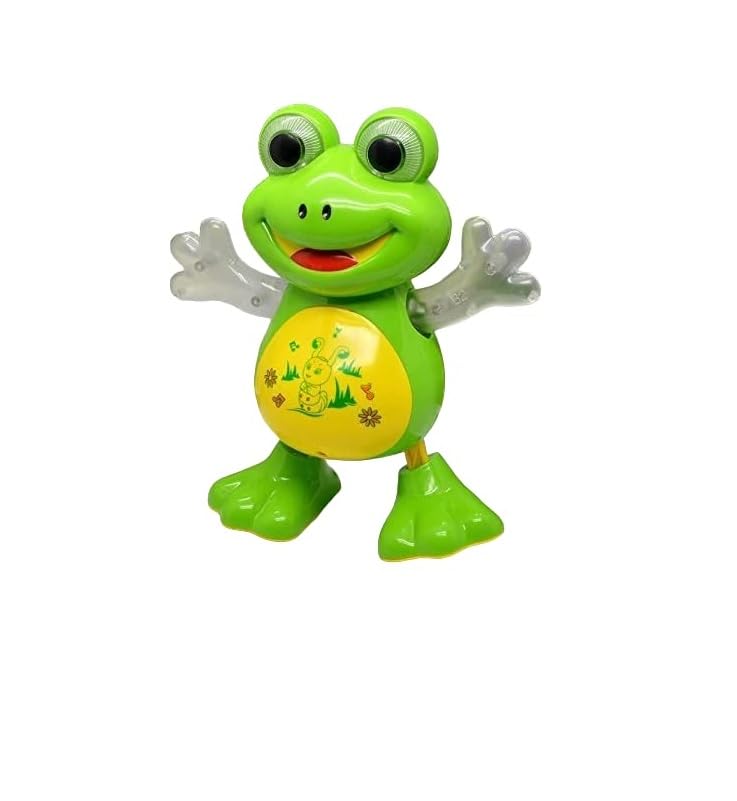 A green frog toy with transparent hands, showing dimensions of 19.5 cm height and 19 cm width, against a pond background.