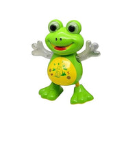 A green frog toy with transparent hands, showing dimensions of 19.5 cm height and 19 cm width, against a pond background.