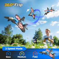 A child is playing with the fighter jet drone outdoors in a grassy field. The drone performs a 360-degree flip in the air, with three different stages of the flip shown in a sequence. The image also highlights its '3 Speed Mode' options: Slow, Medium, and Fast.
