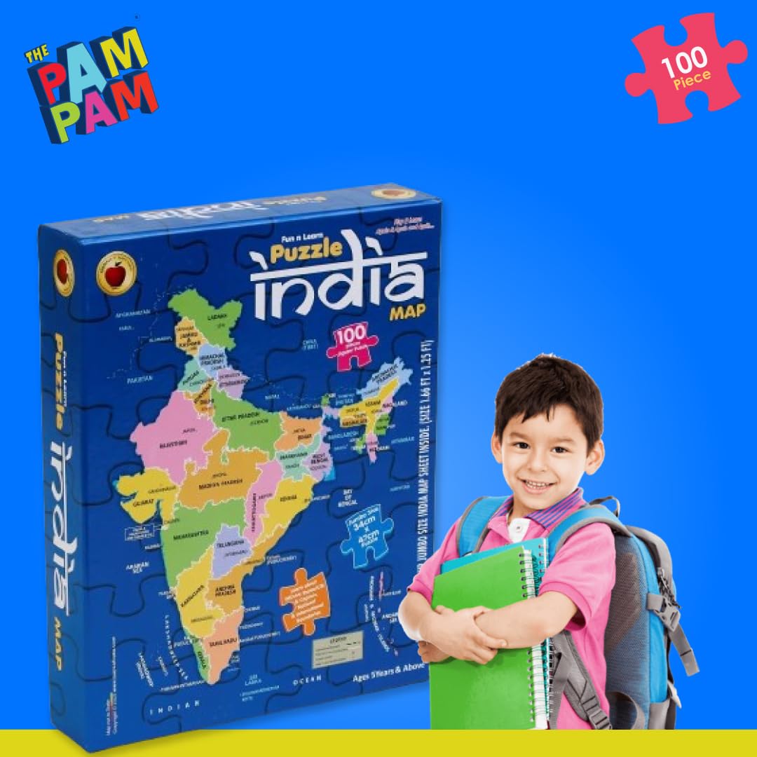 A blue box for a "Puzzle India Map" with "100 Piece" and "Ages 5 Years & Above" indicated. The box shows a colorful map of India with states labeled and puzzle pieces around the border. The "THE PAM PAM" logo is in the top left.
