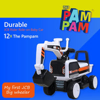 A black, white, and orange ride-on toy excavator is shown next to two excited children peering from behind a blue panel. Text on the left says "Durable JCB Rider Ride-on Baby Car." The "THE PAM PAM" logo is in the corner.