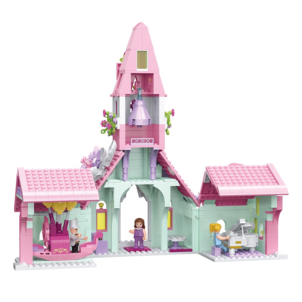 A white background with a colorful toy building set. The building is a two-story pastel-colored house with a tall pink steeple. The set is shown with its overall dimensions: 36.8 cm (length), 19.2 cm (width), and 32.3 cm (height).