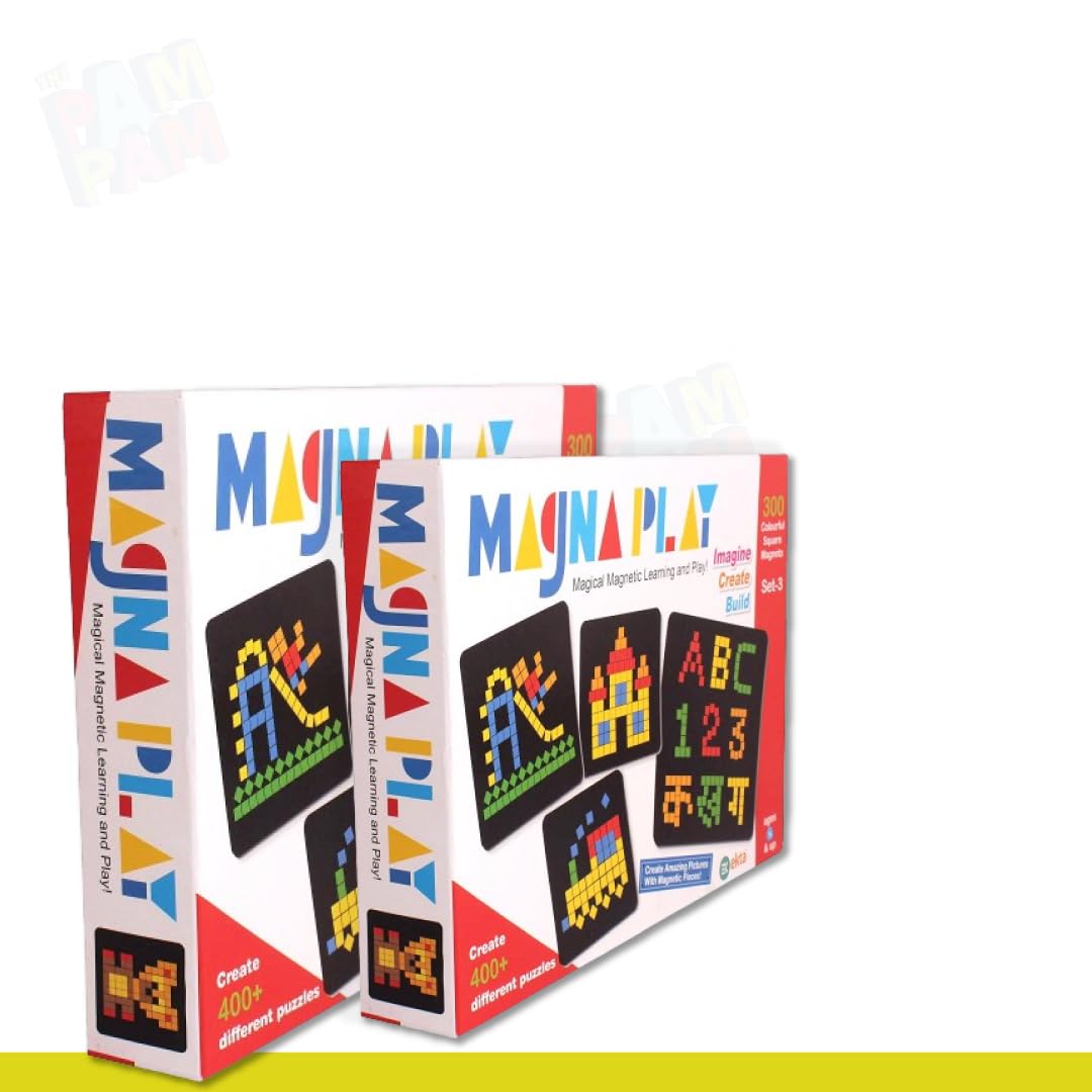 The "MAGNA PLAY" magnetic learning toy box is shown, featuring colorful magnetic puzzles including an animal, a castle, letters (ABC), numbers (123), and Hindi alphabets. The text "300 Colourful Square Magnets" and "Set-3" is visible.