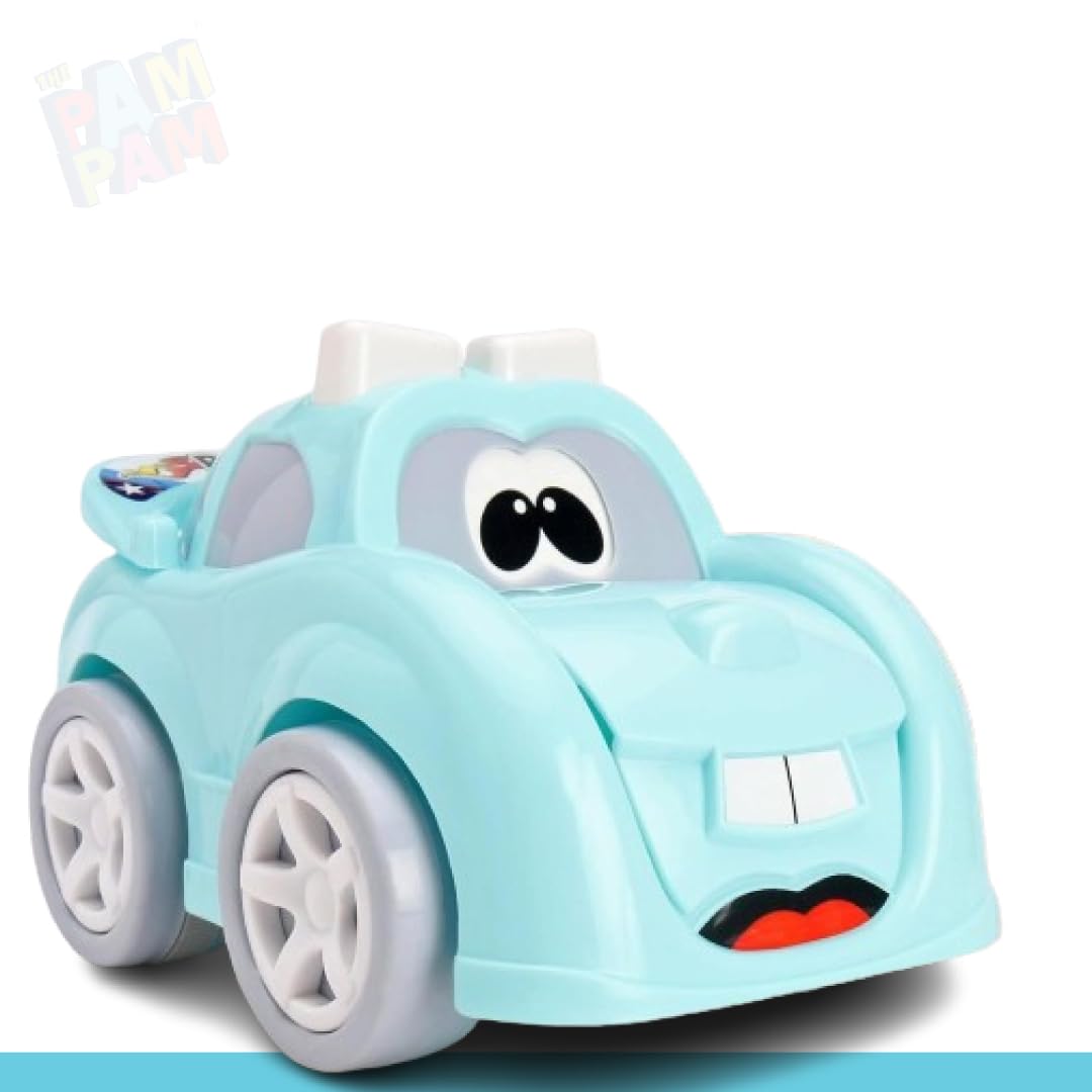 A light blue toy car with a cartoonish face, large black eyes, and two white teeth, on a white background.
