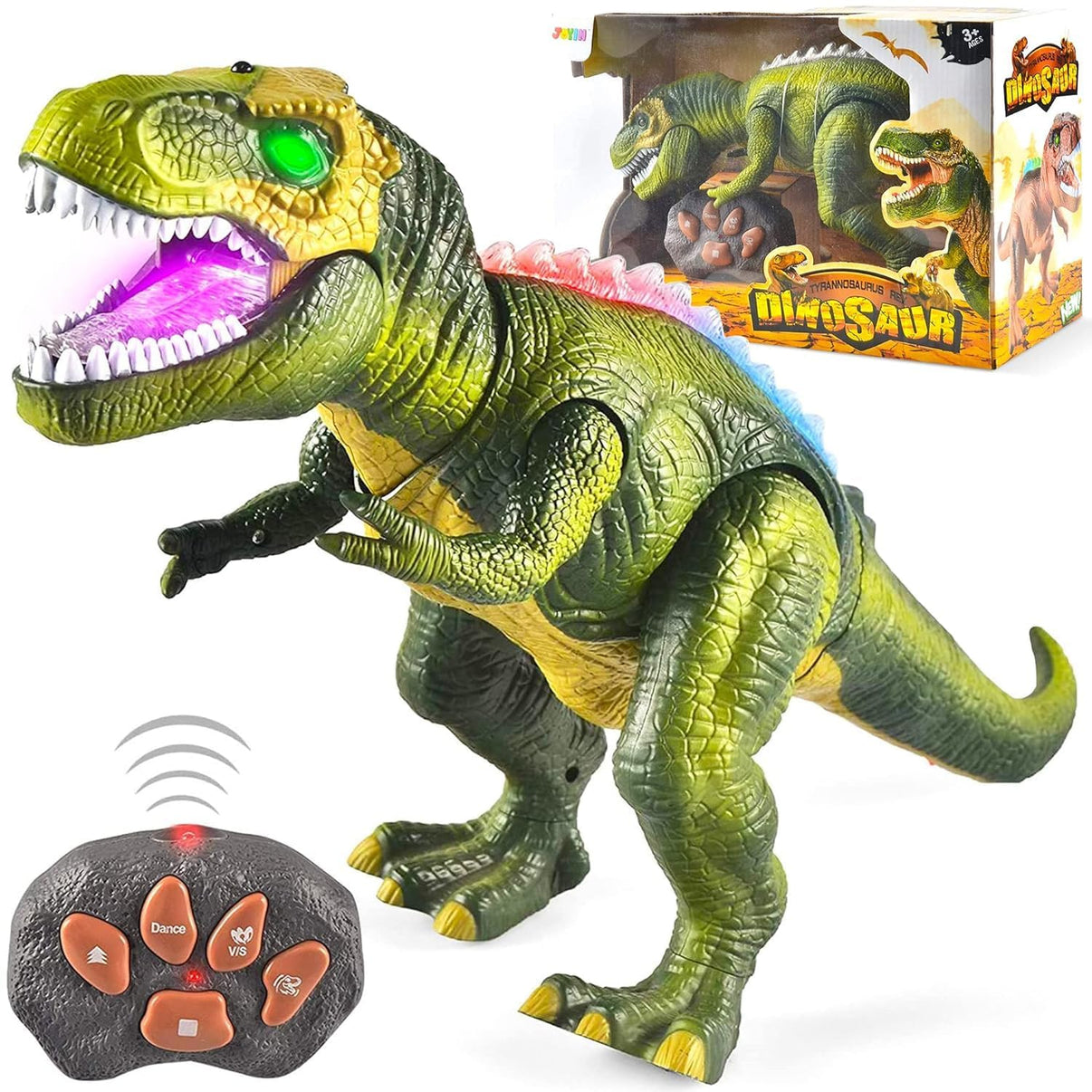  A close-up of a toy dinosaur's head and a section of its back against a black background. The dinosaur has vibrant, multi-colored light-up spikes on its head and back, and its eyes glow pink. Its teeth also have a pink light.