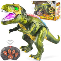  A close-up of a toy dinosaur's head and a section of its back against a black background. The dinosaur has vibrant, multi-colored light-up spikes on its head and back, and its eyes glow pink. Its teeth also have a pink light.